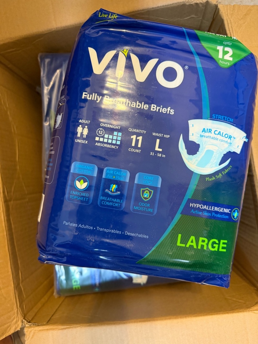VIVO Organic Cotton Overnight Adult Incontinence Diaper Briefs, L Large X11 Pcs